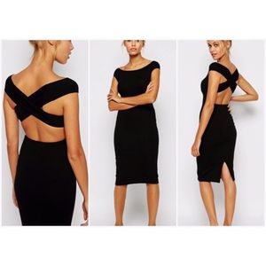 Ponte Off-Shoulder Crossback Pencil Midi Dress